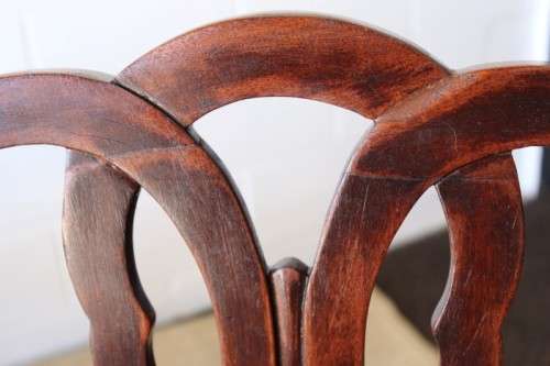 **RS17** An awesome set of five vintage upholstered carved Mahogany square-back dining chairs
