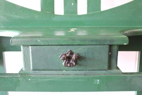 A lovely green painted hall stand w/a centre mirror, storage drawer & space for umbrellas/ canes etc