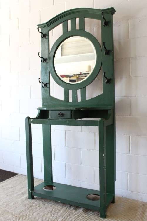 A lovely green painted hall stand w/a centre mirror, storage drawer & space for umbrellas/ canes etc