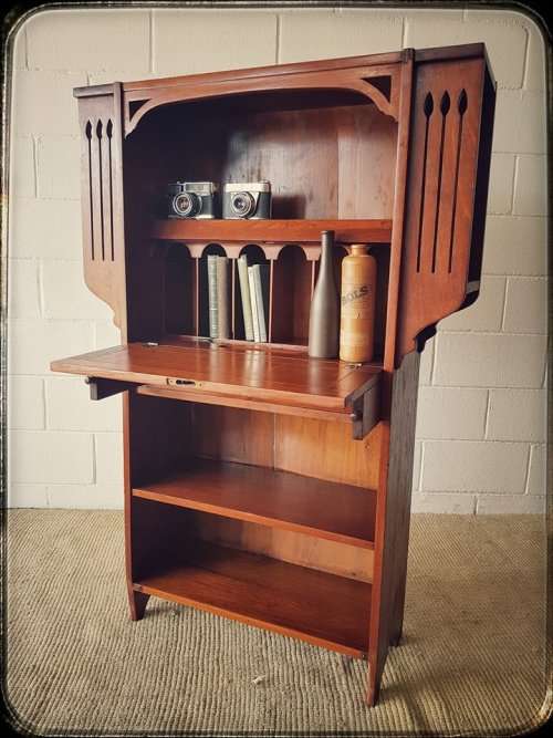 A magnificent unusual (c.1900) "Arts and Crafts Movement" solid Teak fall front writing bureau - WOW