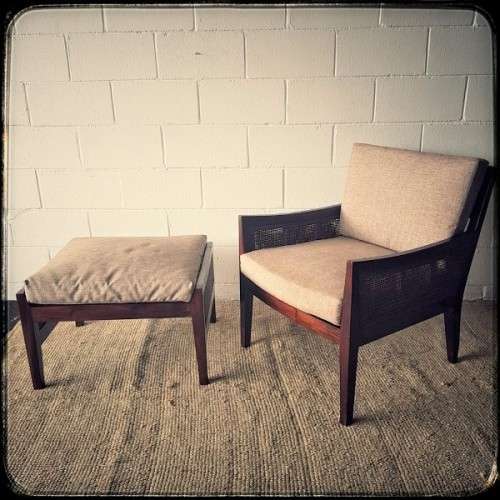 **RS17** A stylish solid mahogany & rattan armchair w/ matching ottoman with removable cushions