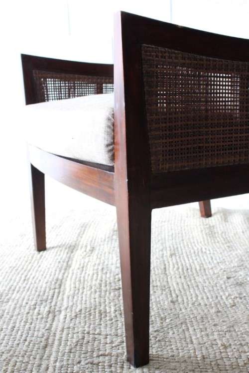 **RS17** A stylish solid mahogany & rattan armchair w/ matching ottoman with removable cushions