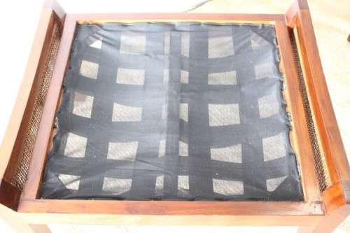 **RS17** A stylish solid mahogany & rattan armchair w/ matching ottoman with removable cushions