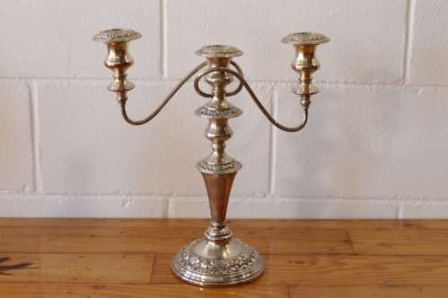 **RS17** Top-quality tall 3-candle silver plated candelabra w twirled arms & interchangeable holders