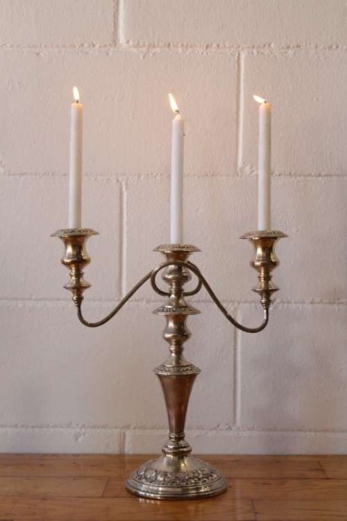 **RS17** Top-quality tall 3-candle silver plated candelabra w twirled arms & interchangeable holders