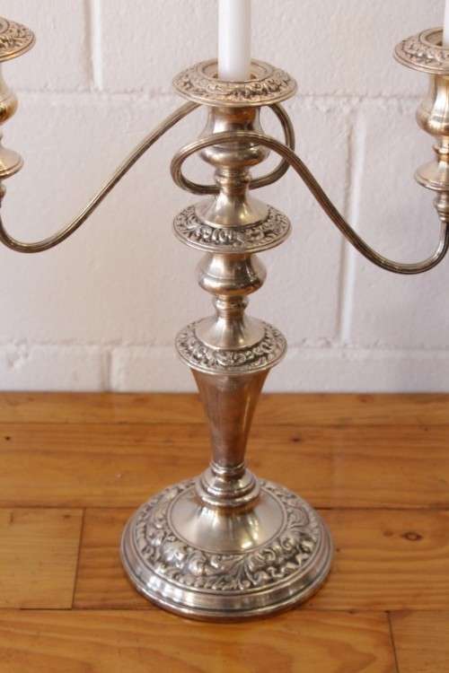 **RS17** Top-quality tall 3-candle silver plated candelabra w twirled arms & interchangeable holders