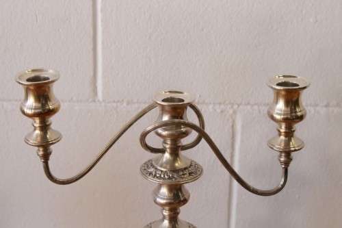 **RS17** Top-quality tall 3-candle silver plated candelabra w twirled arms & interchangeable holders