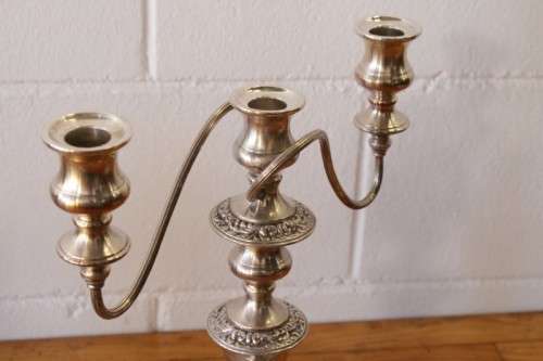 **RS17** Top-quality tall 3-candle silver plated candelabra w twirled arms & interchangeable holders
