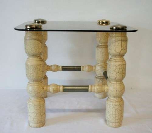 3 fantastic crackle effect side tables with tinted glass tops and metal caps. Price is per table.