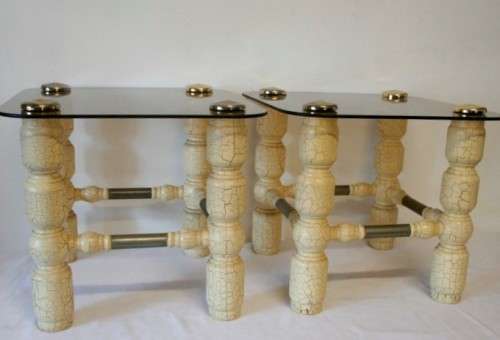 3 fantastic crackle effect side tables with tinted glass tops and metal caps. Price is per table.