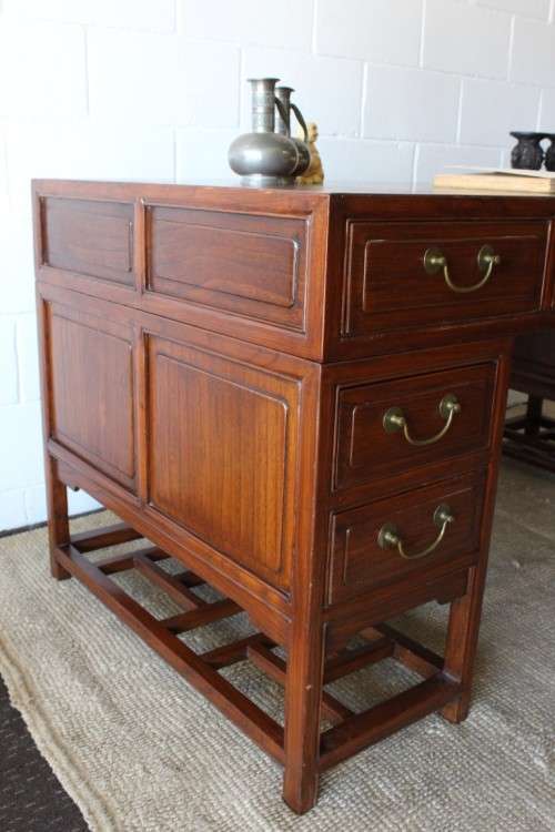 Spectacular vintage "Hualimu" (Oriental Rosewood) 16-drawer full partners desk w solid brass handles