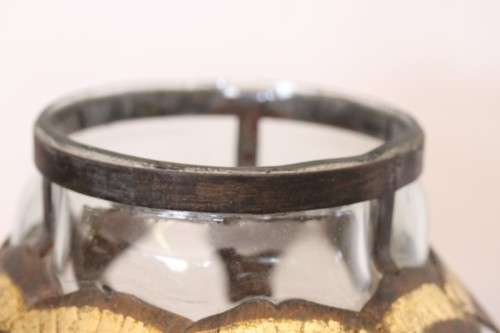 **RS17** Extremely rare hand blown caged glass vase w/ a handmade & painted metal papyrus cage