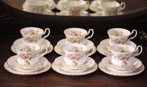 Two beautiful Royal Albert bone china trio's in the exquisite "Moss Rose" pattern - price per trio