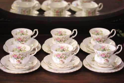 Two beautiful Royal Albert bone china trio's in the exquisite "Moss Rose" pattern - price per trio