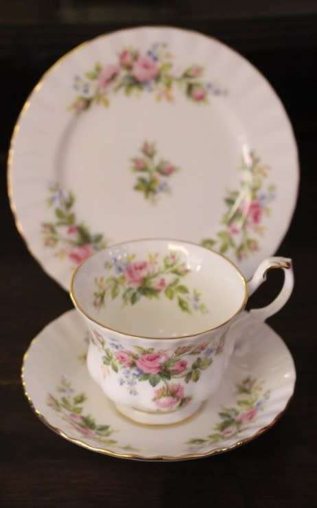 Two beautiful Royal Albert bone china trio's in the exquisite "Moss Rose" pattern - price per trio