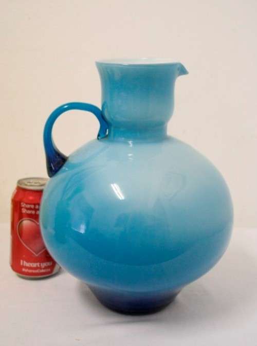 A superb vintage Retro Kanawha glass blue with white interior "pitcher" vase.
