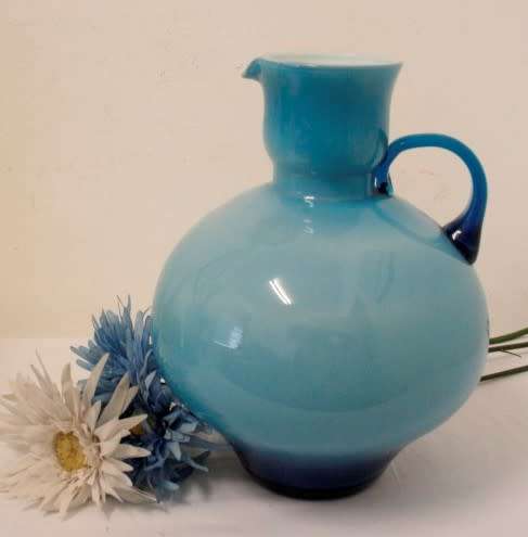A superb vintage Retro Kanawha glass blue with white interior "pitcher" vase.