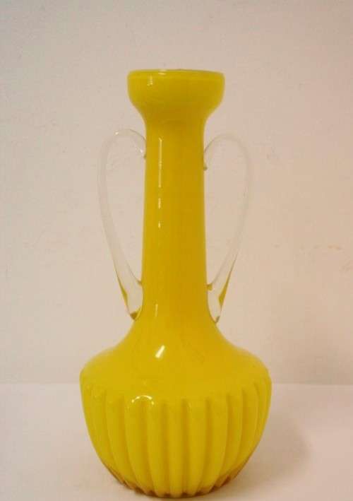 A superb vintage Retro Kanawha glass yellow with white interior handled vase.