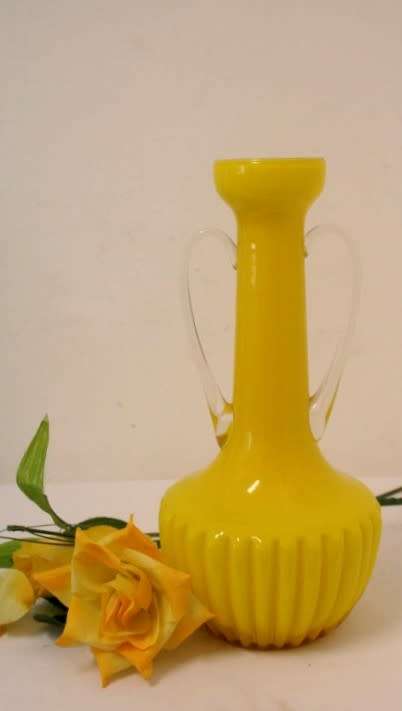 A superb vintage Retro Kanawha glass yellow with white interior handled vase.