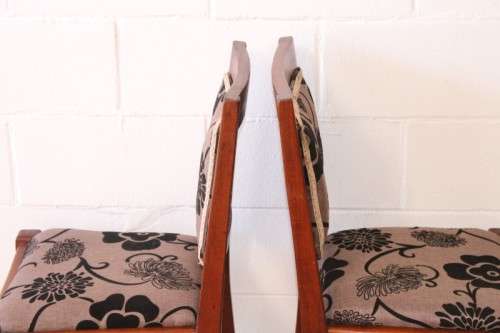 Two awesome solidly made teak occasional chairs upholstered in a sand-beige & black brocade fabric