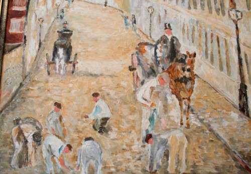 **RS17** A beautifully framed unsigned painting of horse drawn carts street scene. Stunning!!