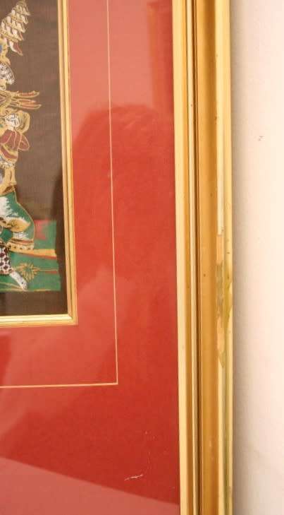 **RS17** A framed Oriental warrior scene painting on silk like material w awesome rich colours.