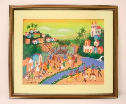 A bright and colourful signed and framed behind glass "Rio 94" oil painting.