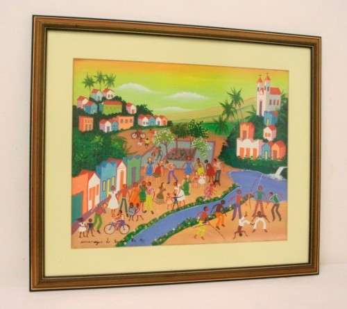 A bright and colourful signed and framed behind glass "Rio 94" oil painting.