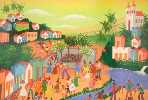 A bright and colourful signed and framed behind glass "Rio 94" oil painting.