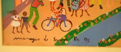 A bright and colourful signed and framed behind glass "Rio 94" oil painting.