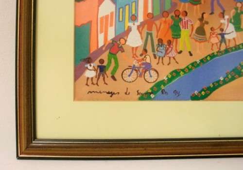 A bright and colourful signed and framed behind glass "Rio 94" oil painting.