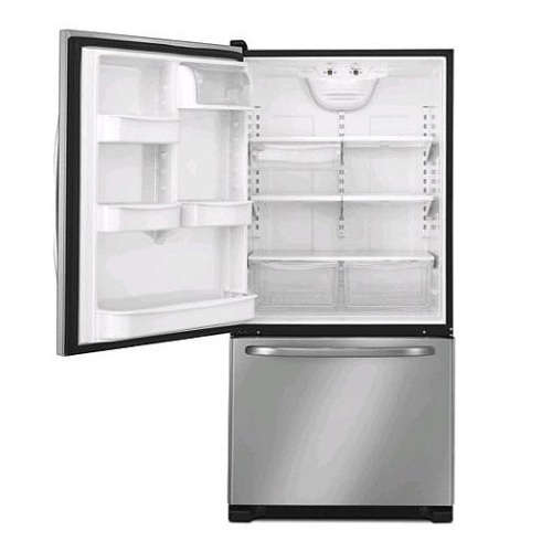 A quality Whirlpool stainless steel bottom freezer 620 litre fridge-freezer combo; never used