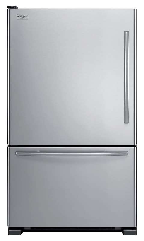 A quality Whirlpool stainless steel bottom freezer 620 litre fridge-freezer combo; never used