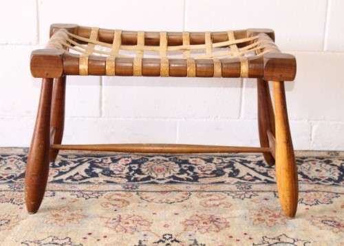**RS17** An amazing, sturdy vintage/ antique? Brazilian broad leather-strap stool/ footstool