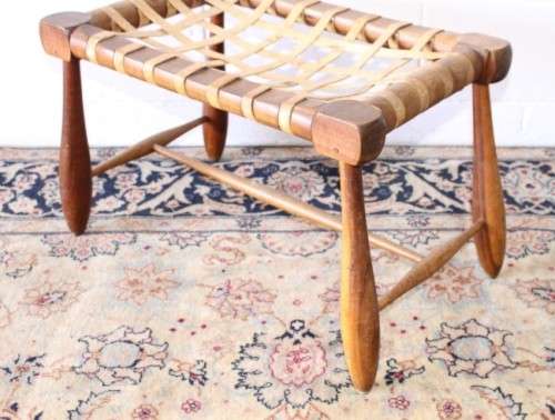 **RS17** An amazing, sturdy vintage/ antique? Brazilian broad leather-strap stool/ footstool