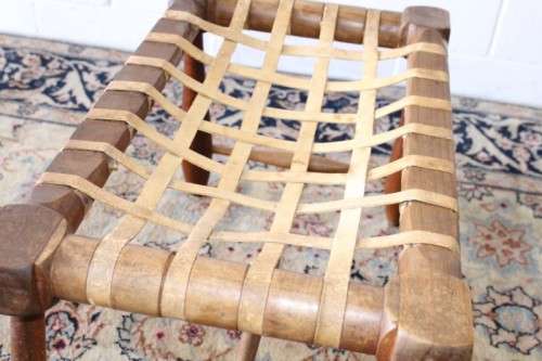 **RS17** An amazing, sturdy vintage/ antique? Brazilian broad leather-strap stool/ footstool