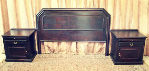 A fabulous Mahogany (168cm) queen size headboard and two pedestals with drawers and cupboards.