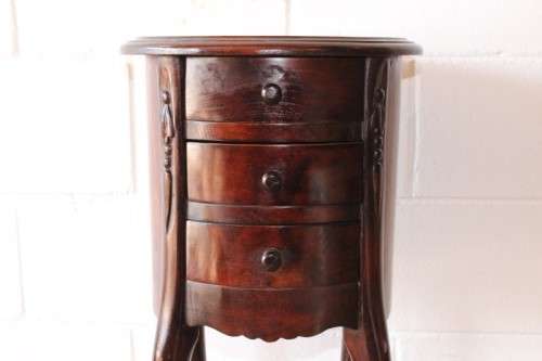 **RS17** A carved solid Balinese Teak 3-drawer pedestal table/ lamp table in beautiful condition