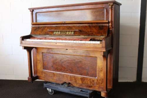 A beautiful & rare antique (early 1900's) Art Nouveau burr walnut upright piano by C. Otto of Berlin