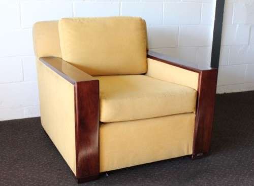 **RS17** Awesome & well made mid-century styled Scandinavian club chair w/ solid mahogany armrests