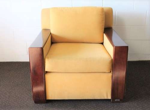 **RS17** Awesome & well made mid-century styled Scandinavian club chair w/ solid mahogany armrests