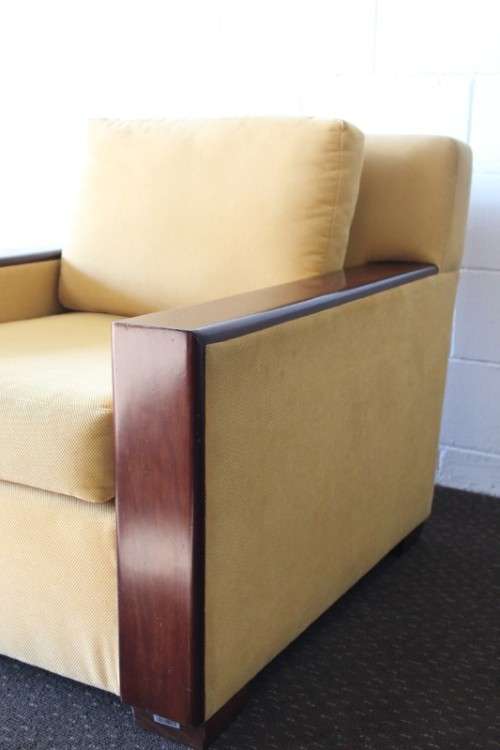 **RS17** Awesome & well made mid-century styled Scandinavian club chair w/ solid mahogany armrests