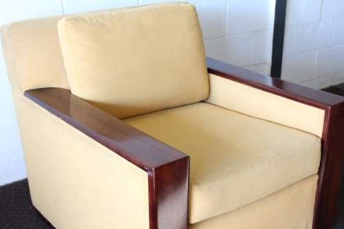 **RS17** Awesome & well made mid-century styled Scandinavian club chair w/ solid mahogany armrests