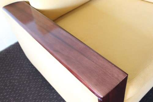 **RS17** Awesome & well made mid-century styled Scandinavian club chair w/ solid mahogany armrests