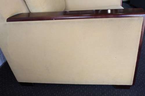 **RS17** Awesome & well made mid-century styled Scandinavian club chair w/ solid mahogany armrests