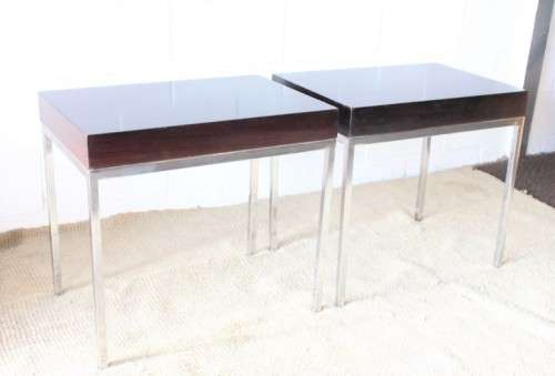 A fabulous pair of modern styled chromed-framed coffee tables with a broad wood profiles