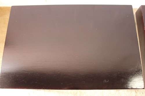 A fabulous pair of modern styled chromed-framed coffee tables with a broad wood profiles