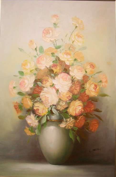 A signed & framed original oil painting of flowers by American artist "C Tommy"