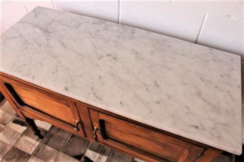 A wonderful vintage solid Oak double door wash stand with a white marble top on castors - stunning!