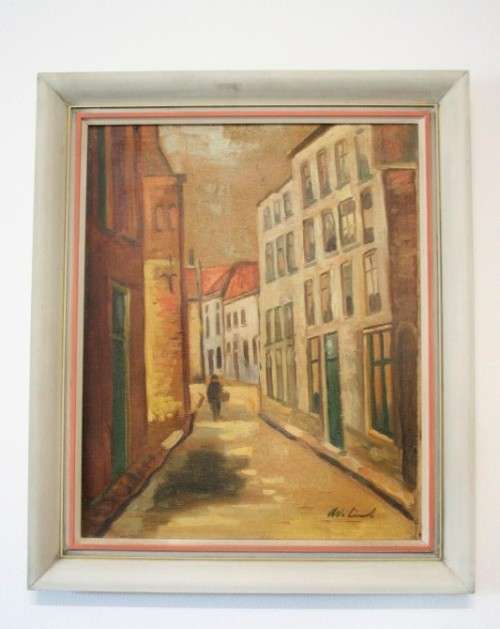 A beautiful framed original signed oil on board painting of a street scene. Lifespace Sale